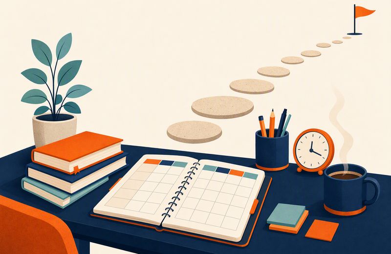 KPSS çalışma programı: planlayıcı, kitaplar ve hedefe giden yol illüstrasyonu